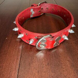 Red Studded Leather Collar with O Ring